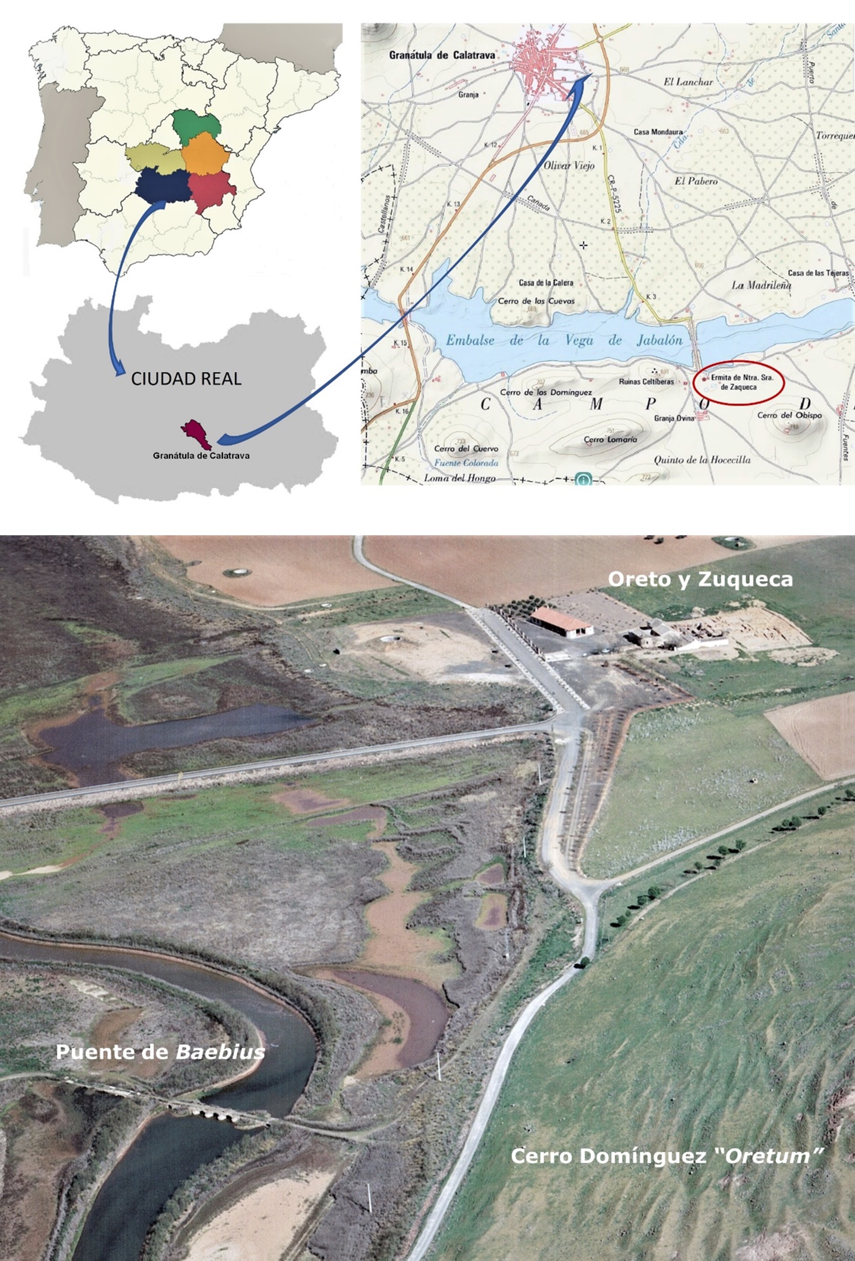 Fig.1. Situación del yacimiento de Oreto y Zuqueca, del puente de Baebius sobre el río Jabalón y del Cerro Domínguez o de Oreto (M.A.C Fotográfica 2003)