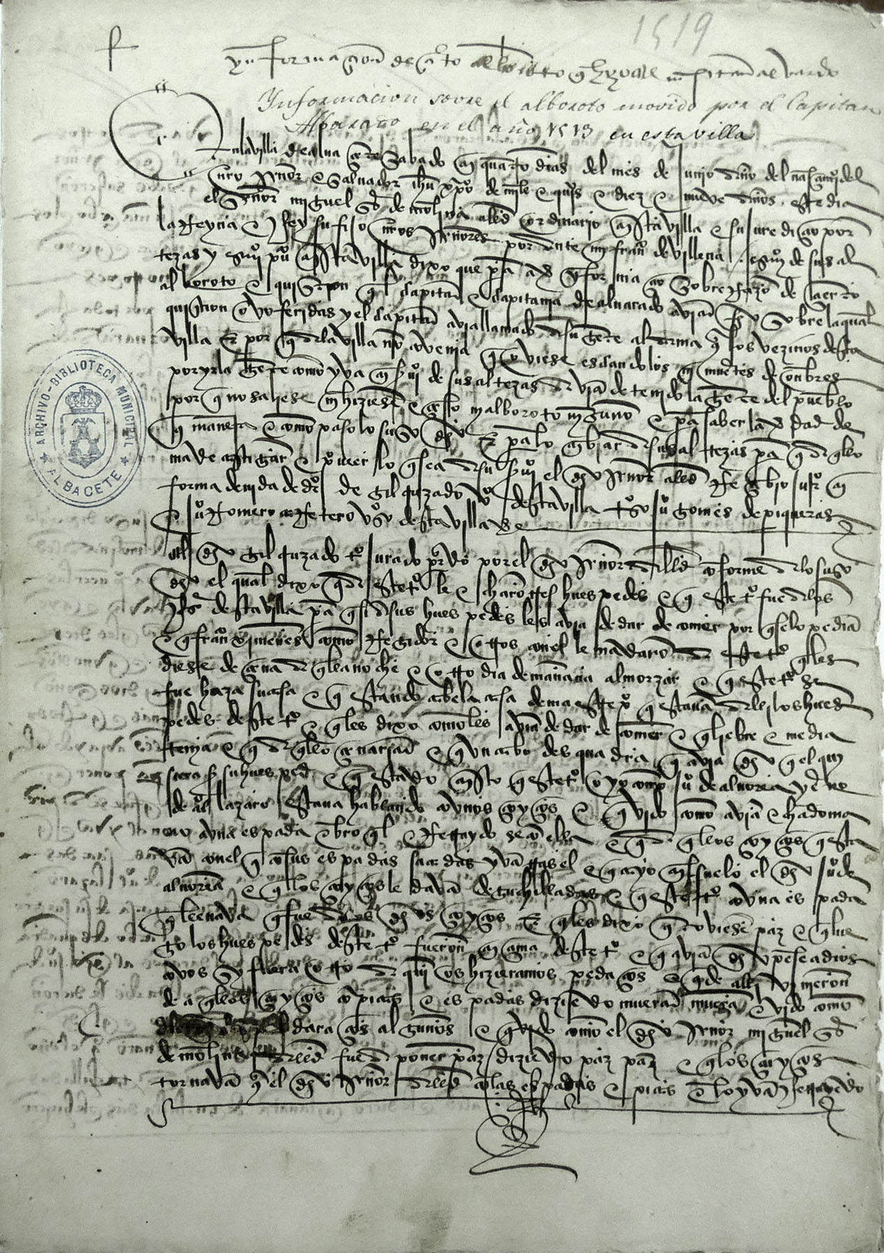 1.	1519. Información sobre el incidente causado por los suizos (mercenarios) del capitán Alvarado, de paso por Albacete, que hirieron a un vecino e intentaron atacar la villa por la noche «a saco mano». AHPAB. Signatura 552, expediente 54