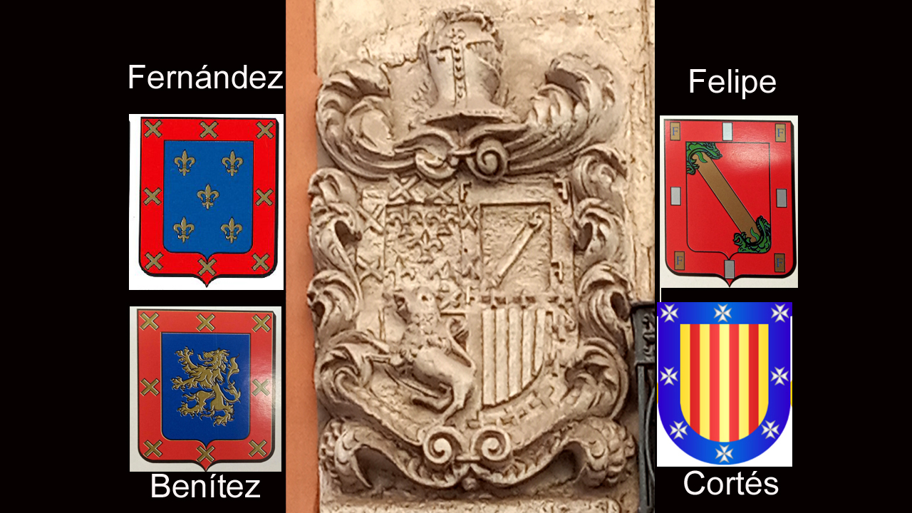 10.	Escudo cuartelado con los apellidos de los antepasados más ilustres de don Juan: Fernández, Felipe, Benítez y Cortés (tomados del diccionario de heráldica de Mogrobejo)