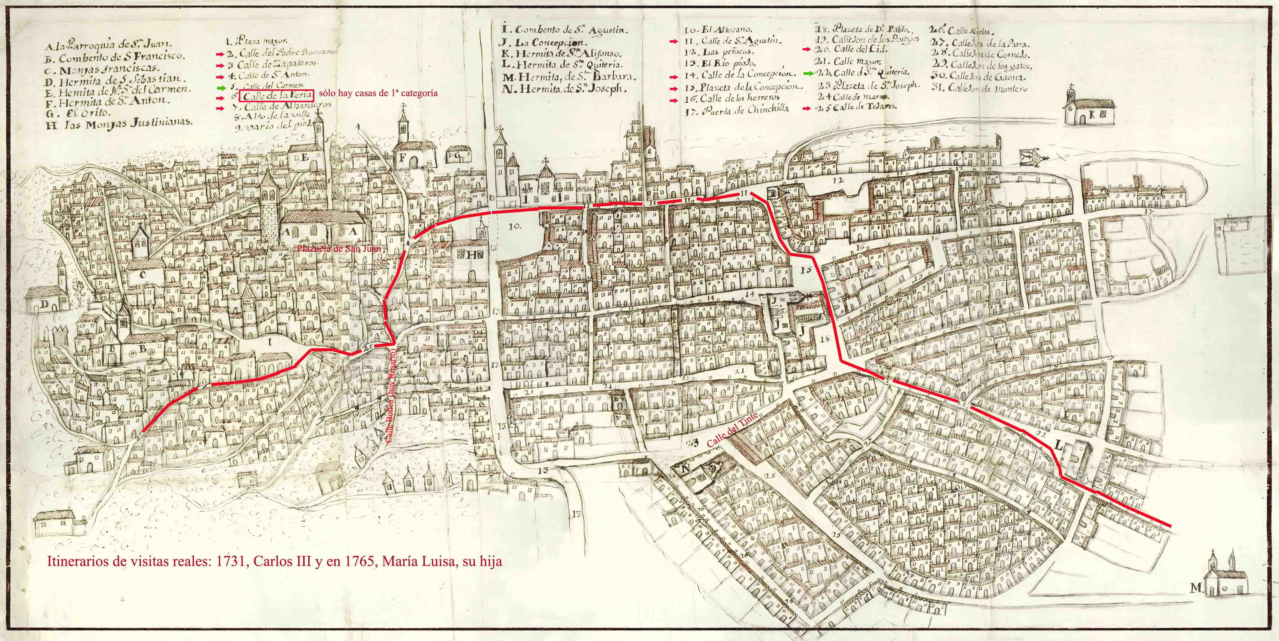 17.	Plano de la villa de Albacete del año 1762. En rojo hemos señalado el itinerario de las visitas reales a través de la calle de la Feria