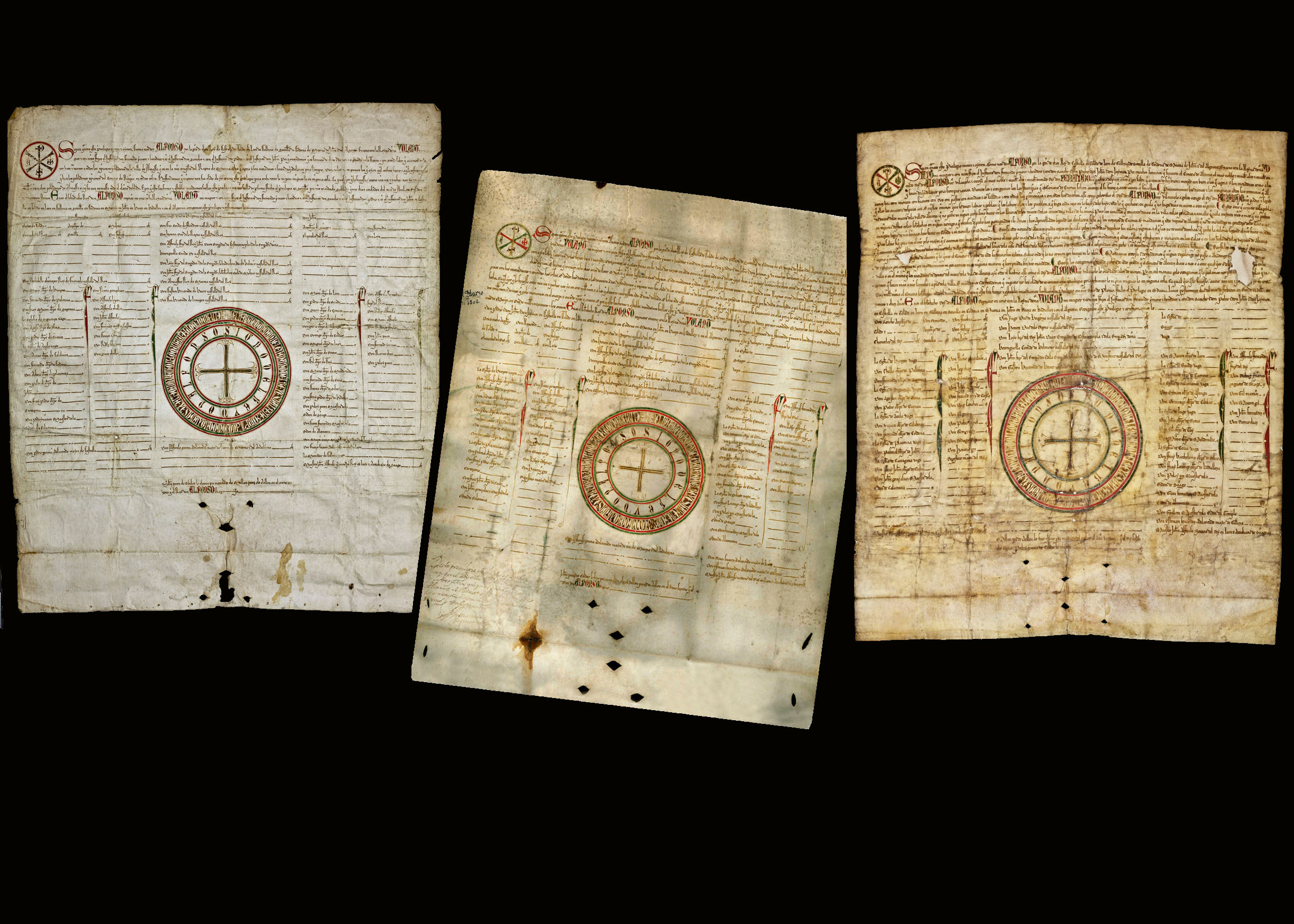 Privilegios rodados de Alfonso X en el Archivo Histórico Provincial de Albacete. Por orden cronológico tenemos el de 1262 de Almansa y los de 1268 y 1272 relativos a Alcaraz.