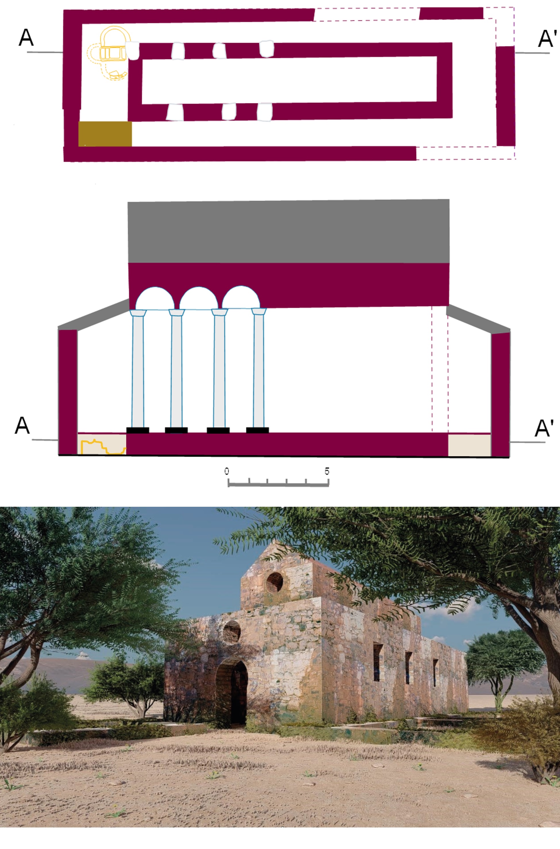 Fig.28. Arriba: Planta y sección longitudinal del edificio tripartito.  Abajo: Reconstrucción ideal (Seg. W. Palomino)