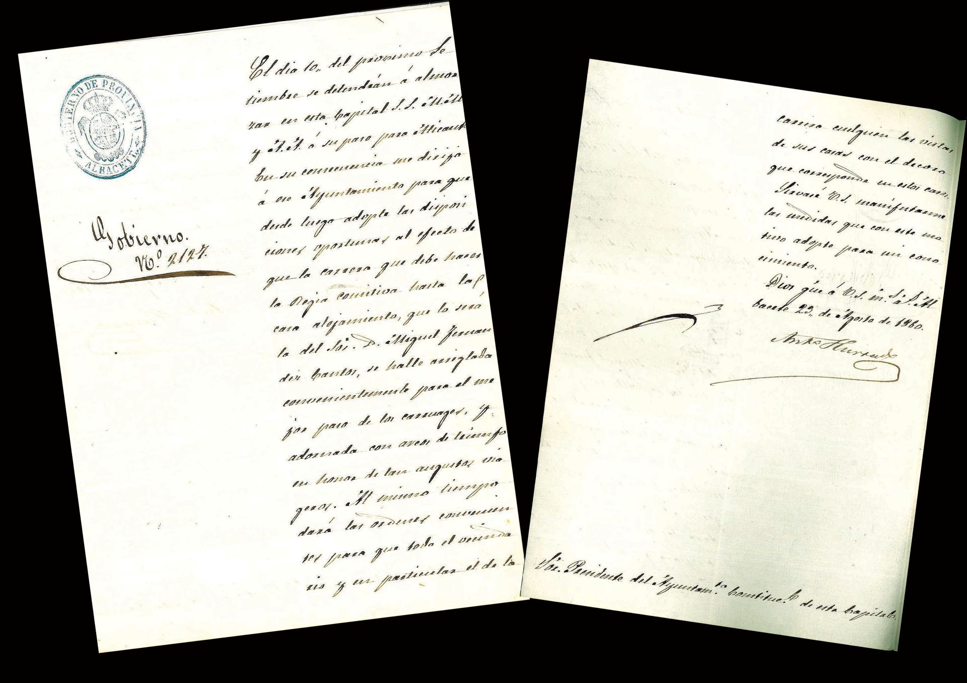 2.	Oficio del gobernador civil comunicando que la comitiva de Isabel II se detendrá a almorzar en la casa de don Miguel Fernández Cantos en su paso para Alicante el día 10 de septiembre de 1860