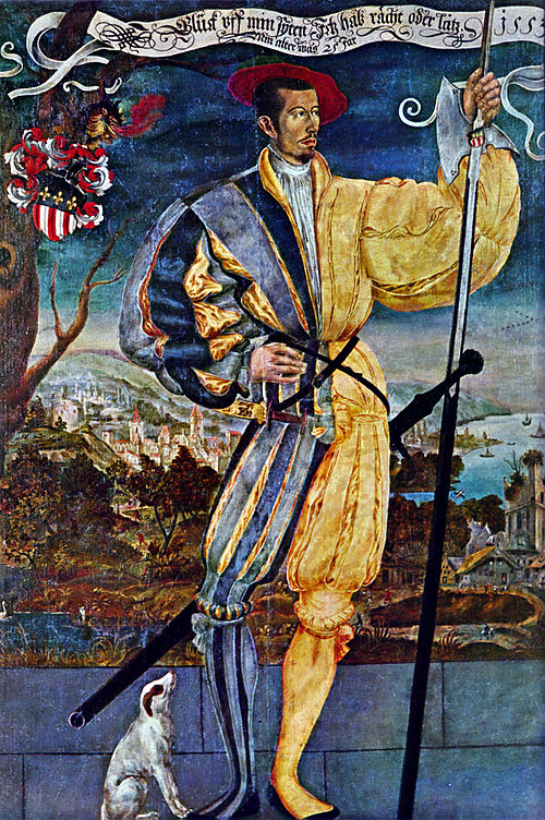 2.	Retrato de un mercenario suizo armado como tal, con alabarda, daga suiza y espada bastarda. En la parte superior se puede leer el lema «La suerte está de mi lado, me asista la razón o no. 1553» Fuente: Wikipedia