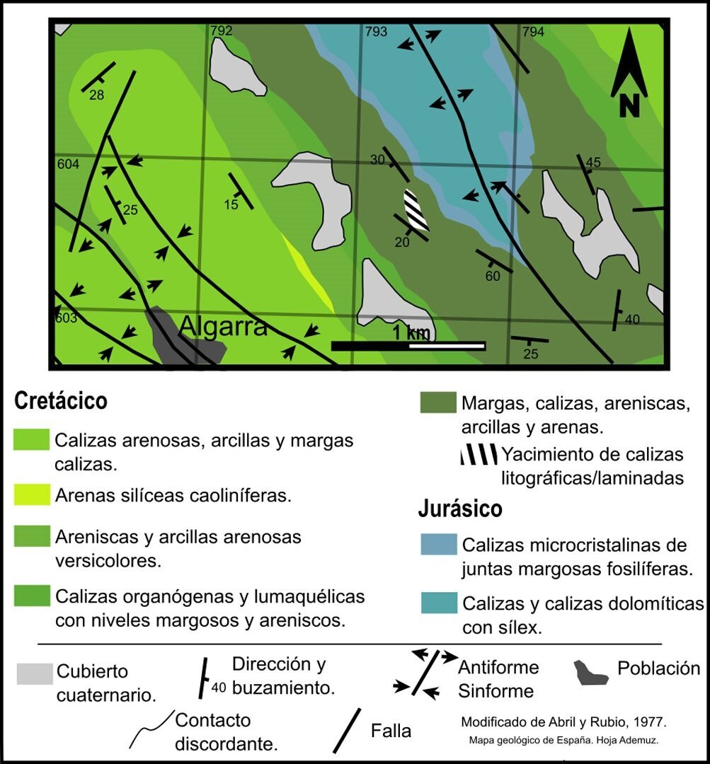 Mapa geológico esquemático en el que se muestra la situación precisa del yacimiento estudiado. El área aproximada de éste se calcula en 1,5 – 2 hectáreas, estando estas en su mayoría cubiertas de varios metros de escombrera.