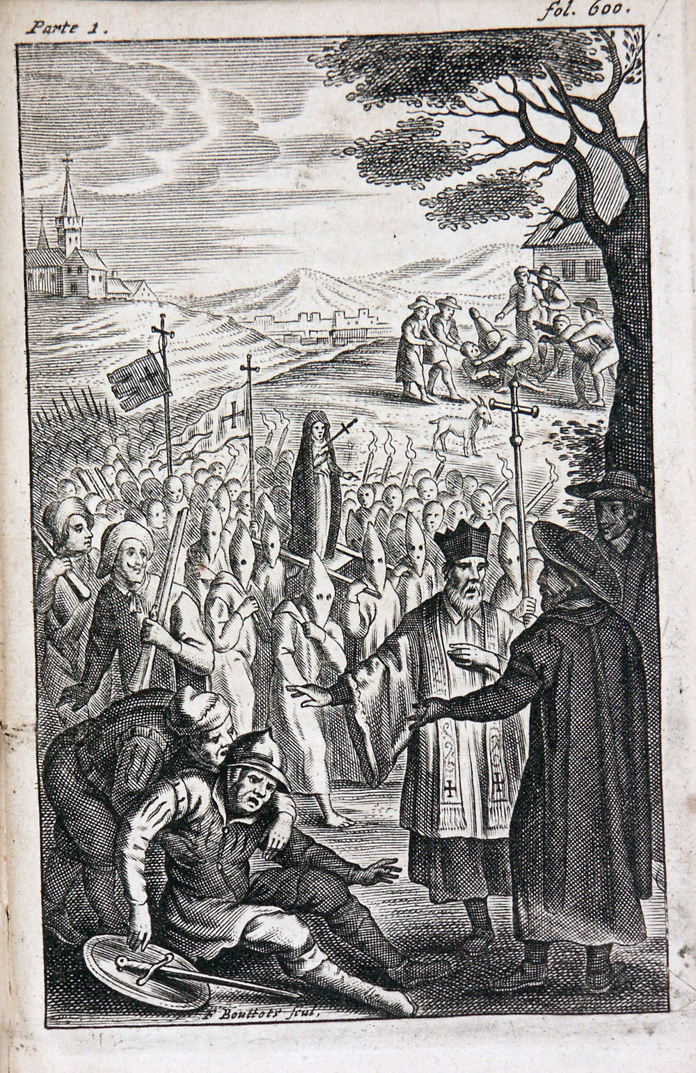 6.	Grabado sobre la aventura de los disciplinantes y El Quijote en la edición de 1736.  Dibujante: Anónimo. Grabador: Diodati, François (1647-1690)