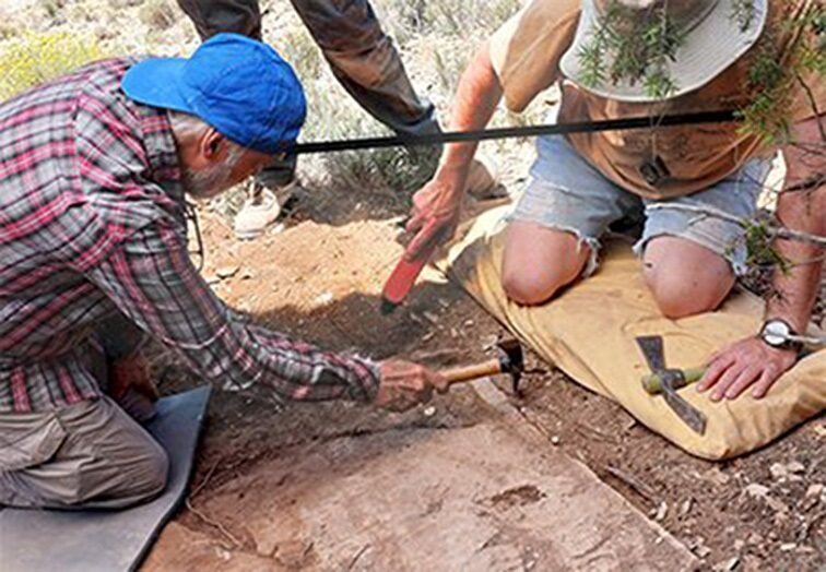 Colaboradores ayudantes de campo José Luis Sañudo, Pedro Escriches en el área de excavación estimado y preparando la extensión de una laja completa de gran tamaño, como las utilizadas para la construcción.