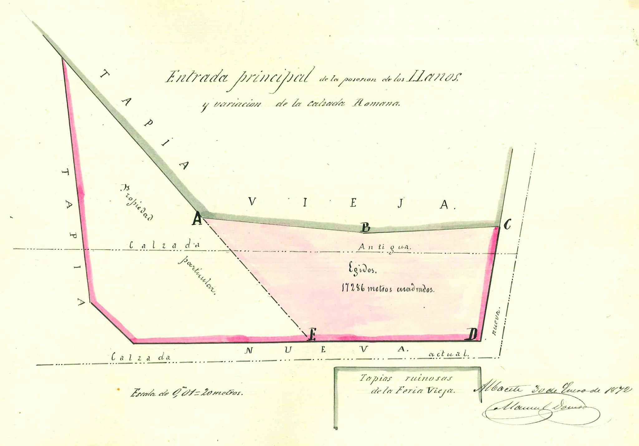 1872. Expediente de variación de la cañada o calzada romana en el paraje de Los Llanos donde se observan las tapias ruinosas de la feria vieja. 