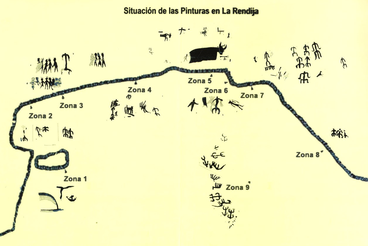 Croquis de situación de las pinturas en La Rendija I, según J. Almodóvar Romero
