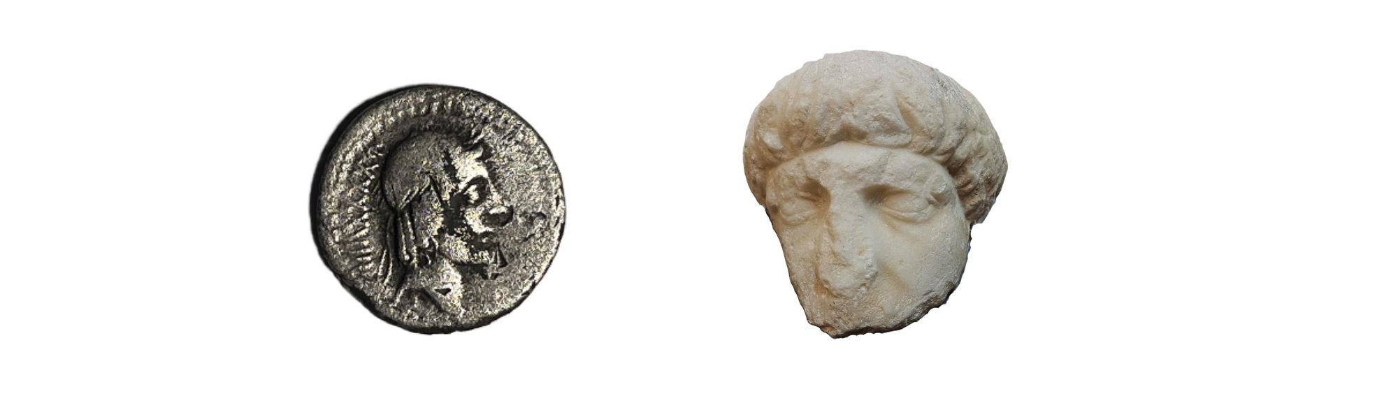 Denario de plata (90-89 a.C) y fragmento escultórico en mármol. Ambos procedentes de Driebes.