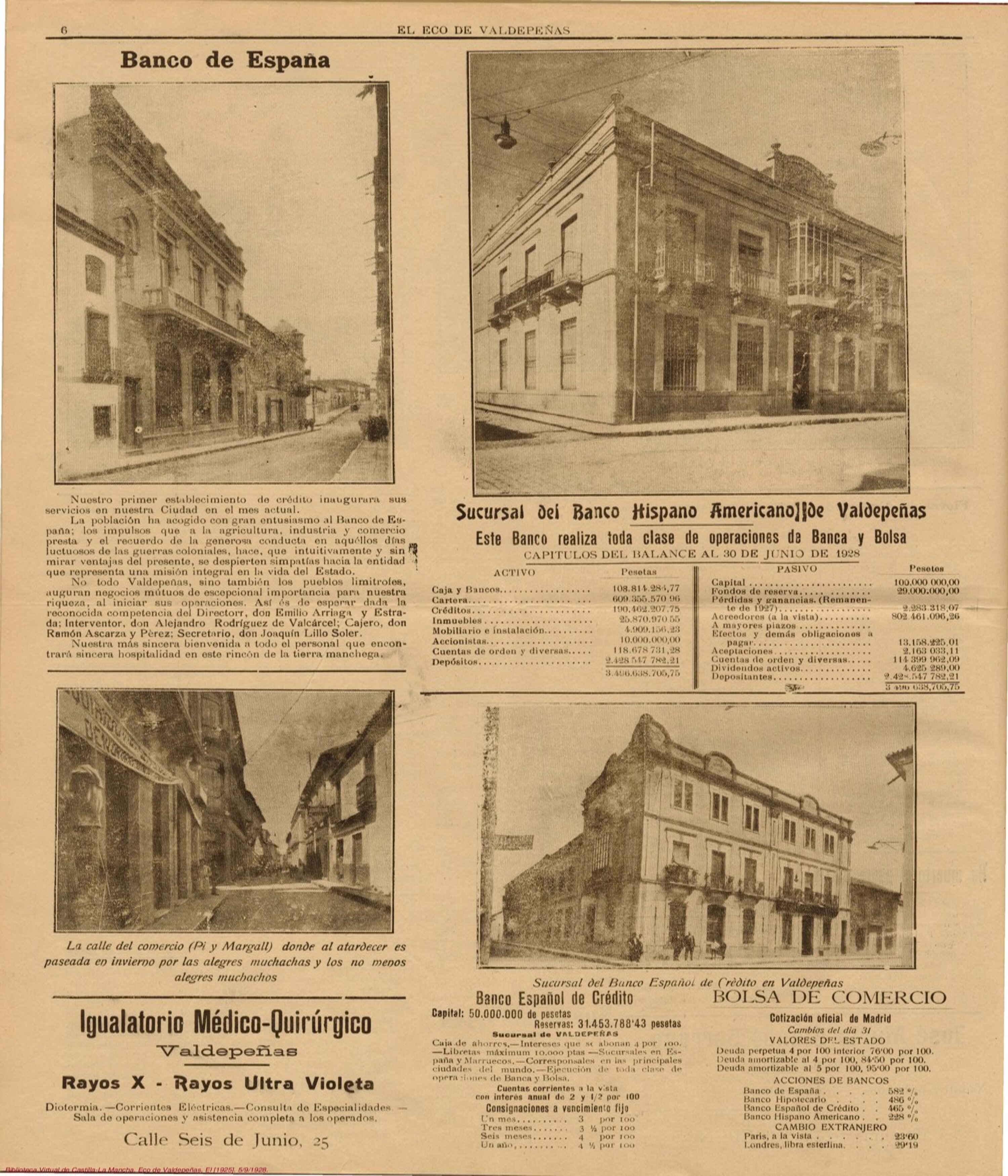  La banca de Valdepeñas en la prensa local del 5 de septiembre de 1928. Fuente: El Eco de Valdepeñas. Biblioteca Virtual de Castilla-La Mancha.
