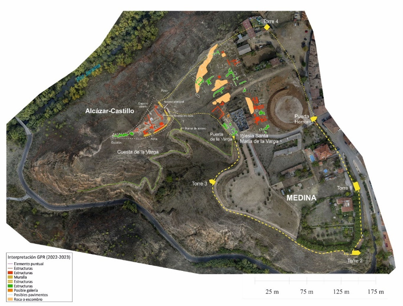  Imagen de la villa-medina de Uceda, con los principales elementos localizados en la prospección georradar