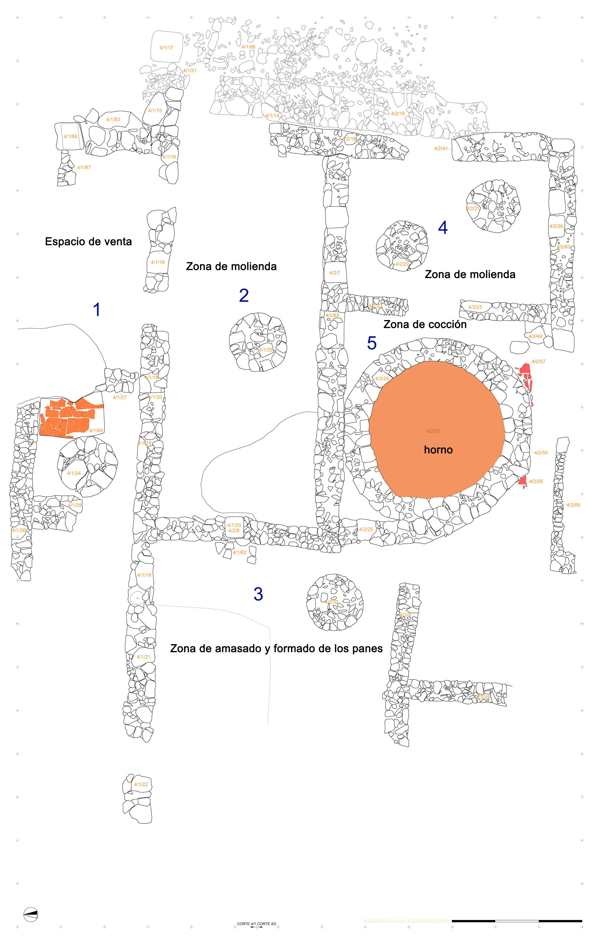 A: Planimetría del pistrinum de La Bienvenida con indicación de la posible función de las estancias (Equipo Sisapo). B: Ortofotografía del área 4 (J.A. Ruiz Sabina). 