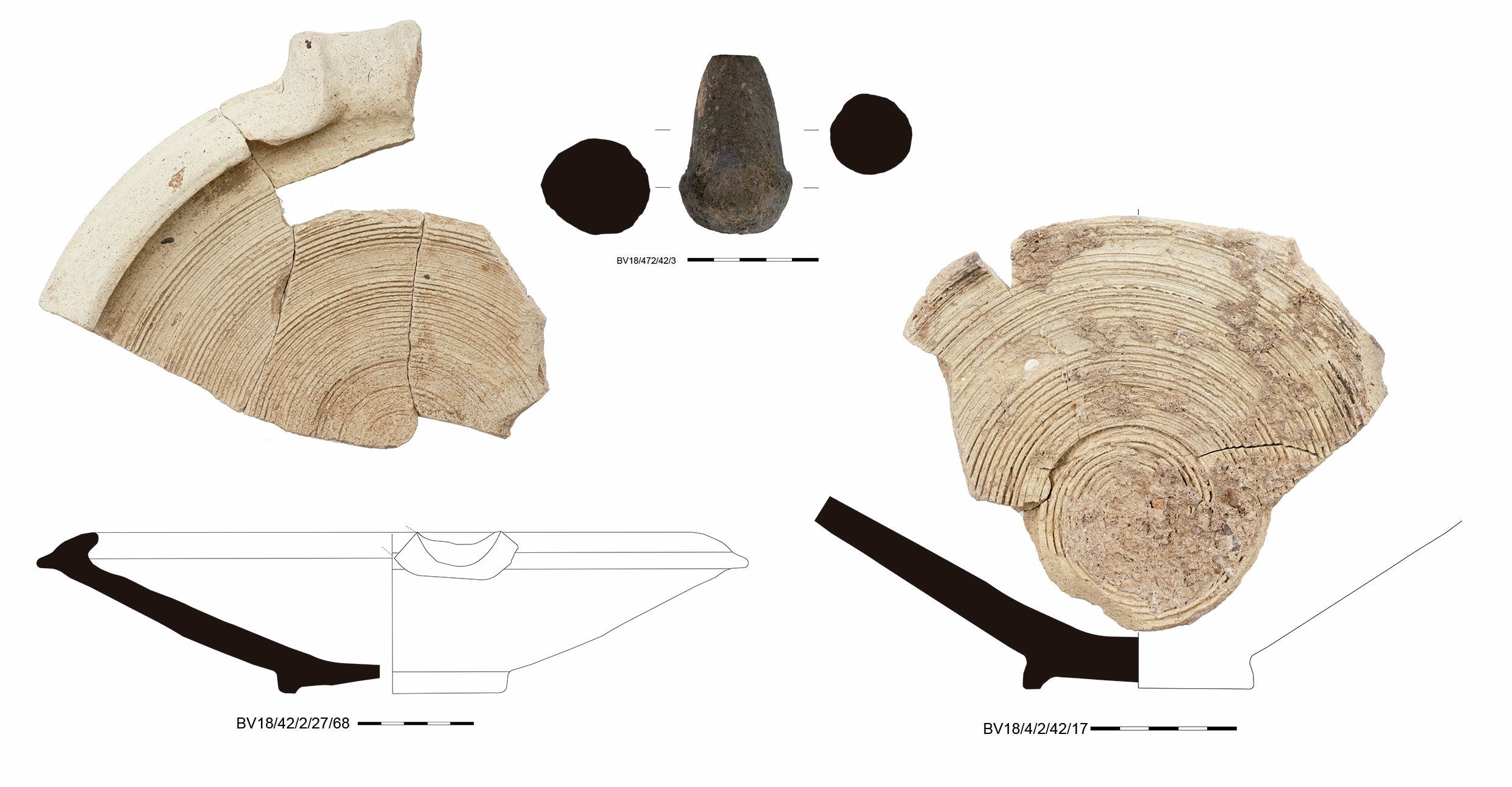 Morteros cerámicos y mano de mortero en basalto recuperados en la excavación del pistrinum (Equipo Sisapo). 
