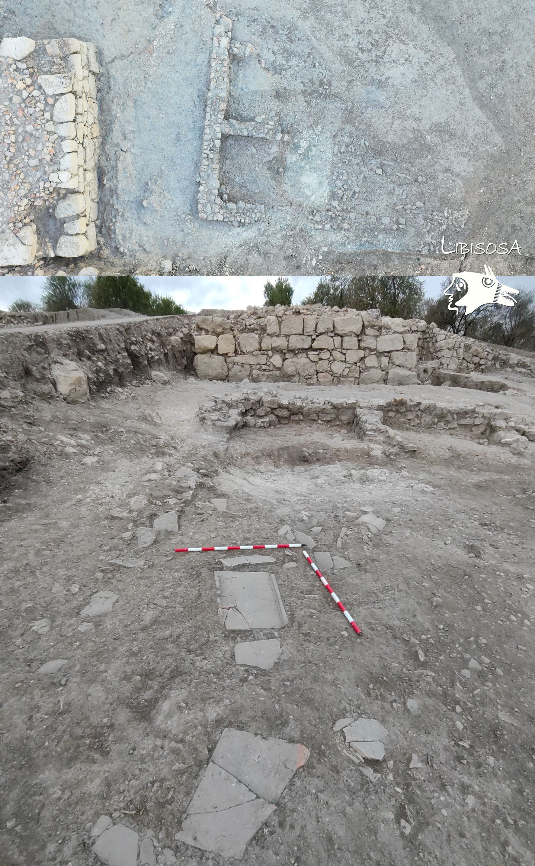 Figura 5. Vista aérea de la construcción romana frente a la torre N al término de la intervención, y detalle de parte del derrumbe de tejas asociado