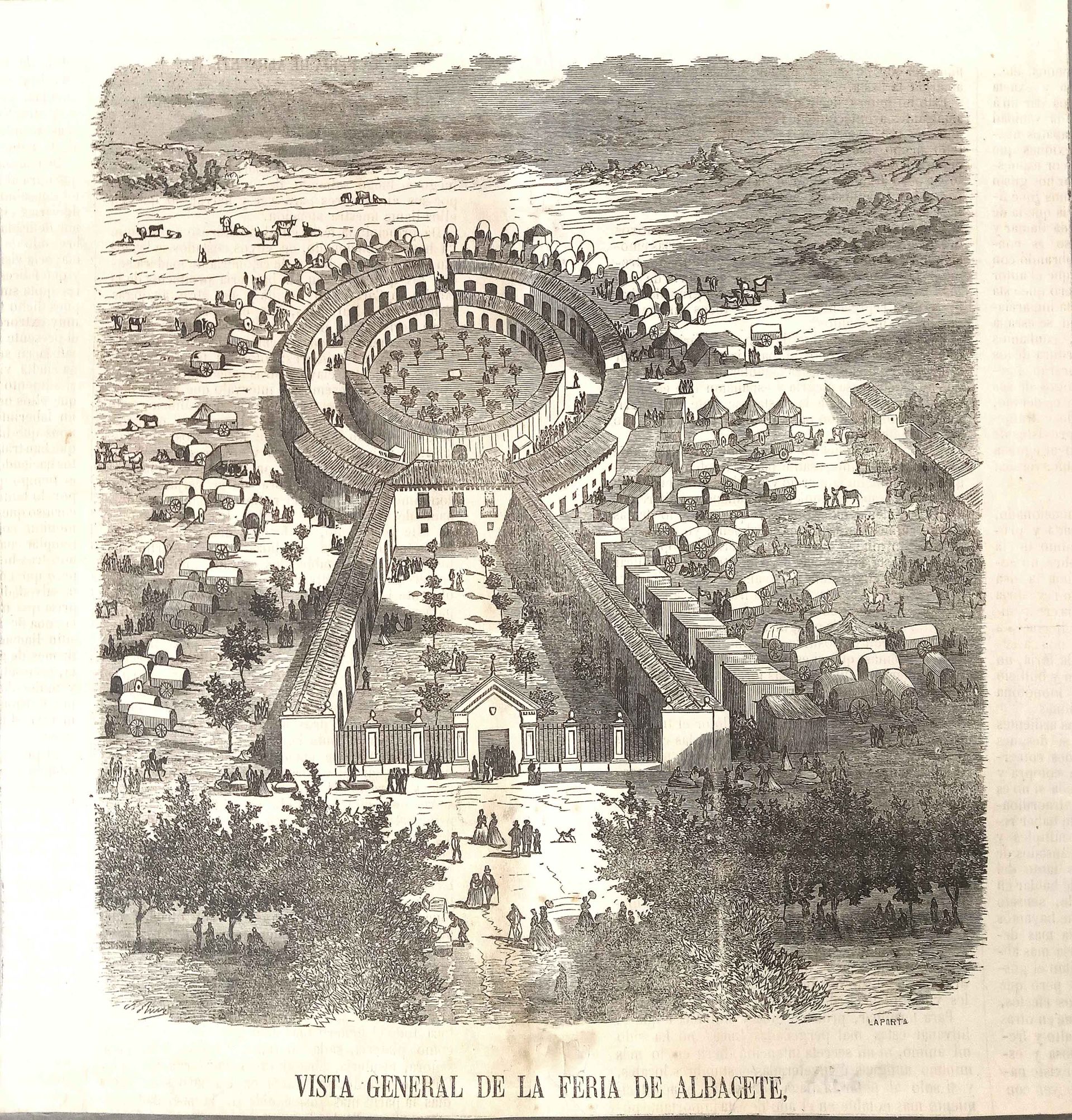 Grabado de La Feria aparecido en La Musa de 1866 dónde se observa el arbolado en tres direcciones que parte del edificio y que ya existía en 1785.