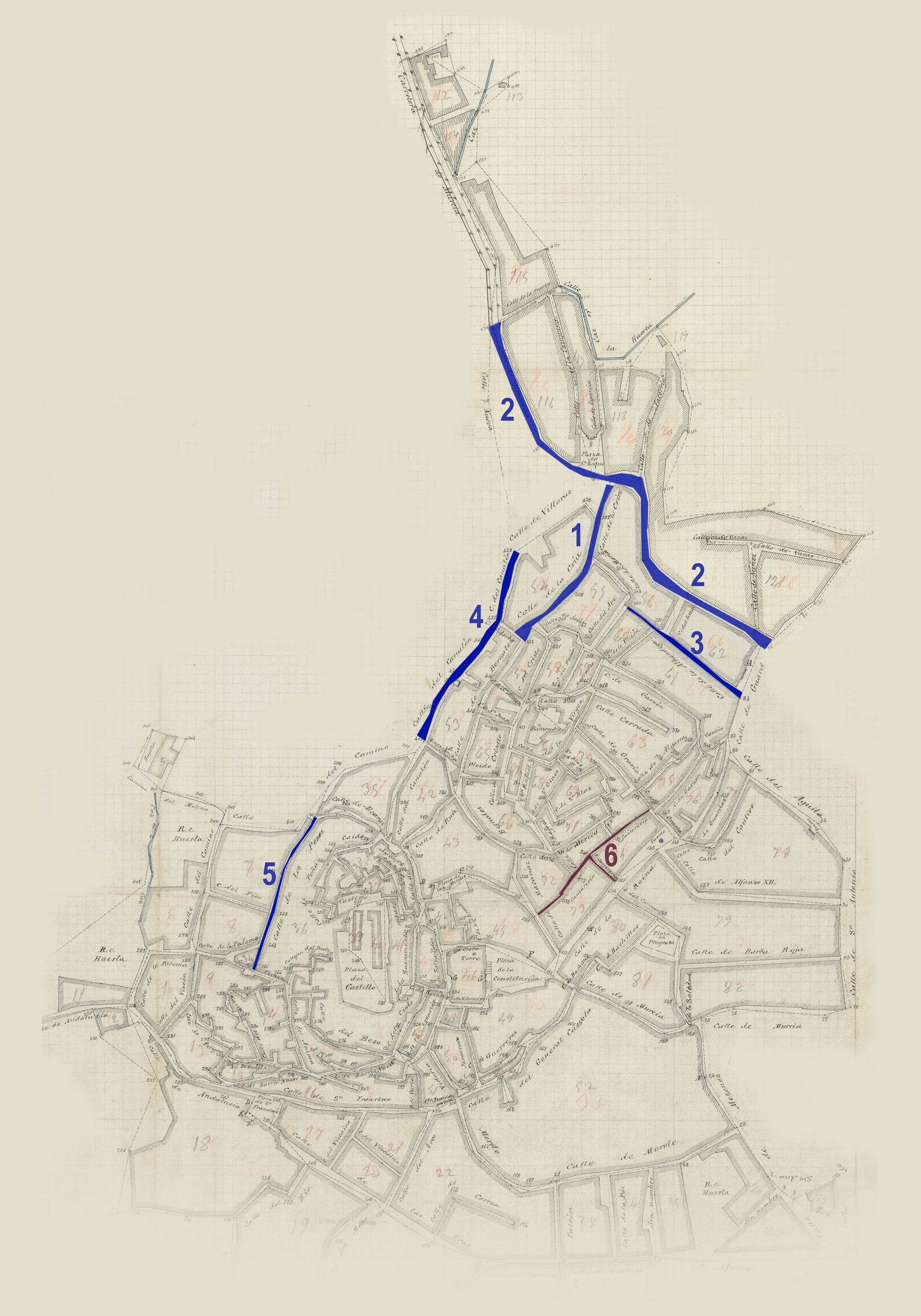 Plano de Hellín. Instituto Geográfico y Estadístico, 1892 Localización de los obradores en la trama urbana. 1. Calle de la Cruz, 2. Calle Alfarerías, 3. Calle Alhóndiga, 4. Calle Canalón, 5. Calle de los Pozos, 6. Calle Cantarería