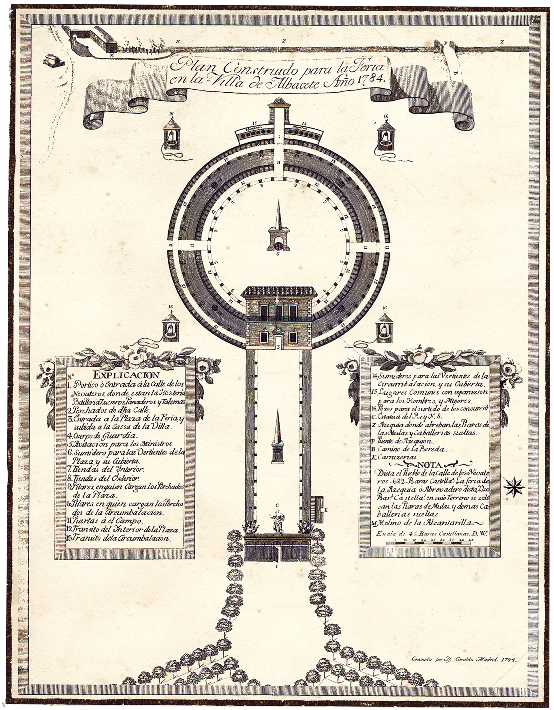 Proyecto del edificio ferial de 1784 presentado a la Academia de San Fernando para su aprobación. Desde la puerta de acceso parten las tres avenidas con el arbolado como ornato y embellecimiento del entorno. La urb