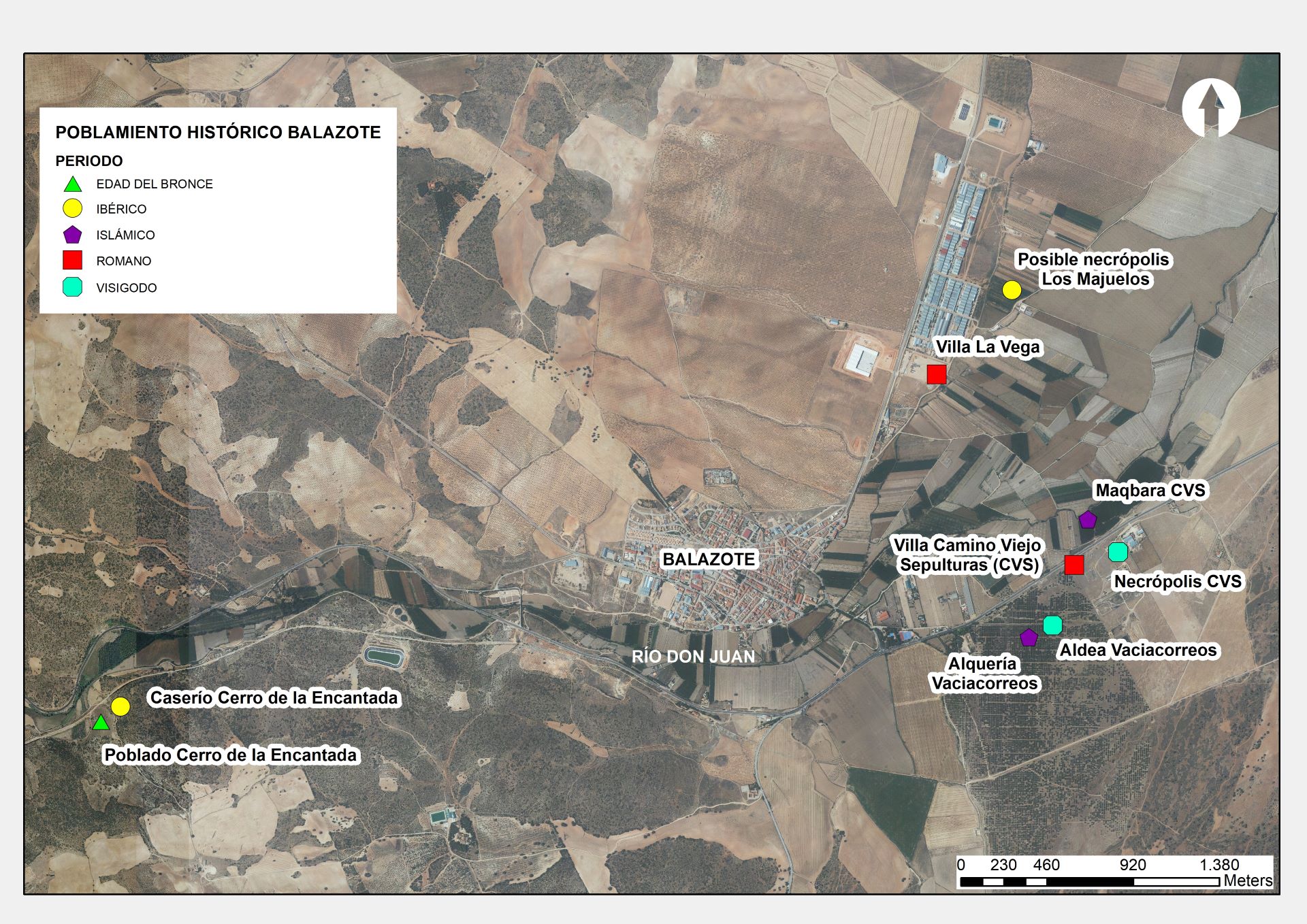 Foto aérea del término municipal de Balazote en el que podemos ver la localización de los yacimientos arqueológicos detectados por los arqueólogos en los últimos años. Encontramos lugares de hábitat o asentamientos y cementerios o necrópolis de la Edad del Bronce, época ibérica, romana, visigoda o islámica. Todos los poblados han sido construidos cerca del río Don Juan, lo que demuestra el carácter agrario de sus pobladores, que eligieron la vega fértil del río para vivir y trabajar los campos (© Proyecto Camino Viejo de las Sepulturas).