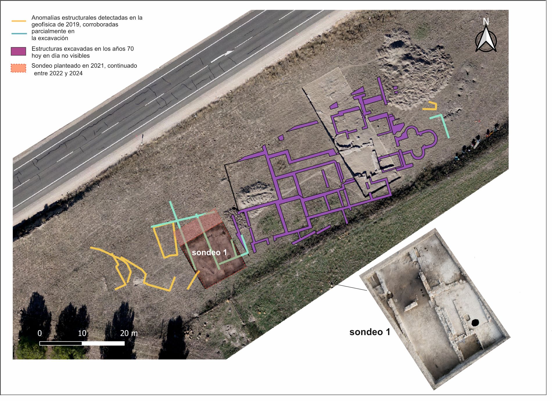 Figura 2. Ortofoto del yacimiento con indicación del sondeo abierto al oeste del área excavada en los años setenta en el que hemos documentado los contextos de reocupación tardoantigua y medieval de la antigua villa, donde se compartimentan espacios, se construyen silos y otras estructuras domésticas (© Proyecto Camino Viejo de las Sepulturas