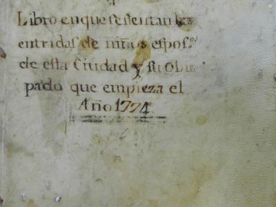 Portada del Libro de registro de entrada de niños expósitos en el Colegio de Cuenca, del año 1774.