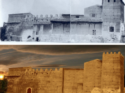 Imagen de archivo realizada por Amador de los Ríos en 1912 (arriba) y su reconstrucción (abajo) a partir de fotos antiguas, realizada por la consultoría Arquealia en 2008