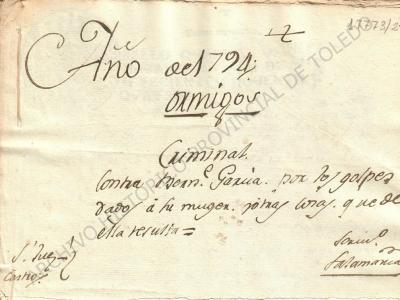 Texto manuscrito. "Año de 1794. Ormigos. Criminal. Contra Bernabé García, por los golpes dados a su muger y otras cosas que de ella resulta. Sr. Juez. Castro. Escribano: Salamanca"