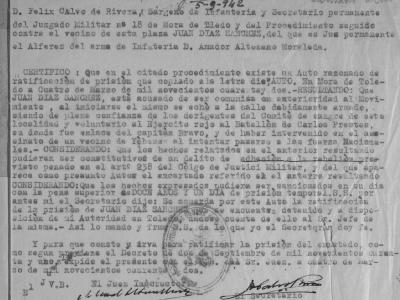 Sentencia condenatoria del preso Juan Ruiz, natural de Mora. 4 de marzo de 1942. Fondo de la Cárcel de Ocaña. AHP de Toledo.