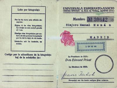 Carnet de la Asociación Universal de Esperanto a nombre de Manuel Menán. 1928. Fondo Comisaría de Policía de Toledo. Archivo Histórico Provincial de Toledo.