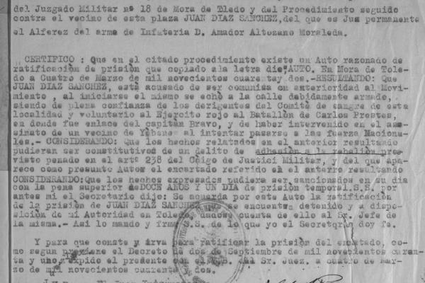 Sentencia condenatoria del preso Juan Ruiz, natural de Mora. 4 de marzo de 1942. Fondo de la Cárcel de Ocaña. AHP de Toledo.